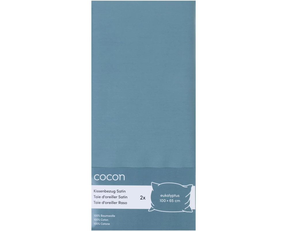COCON Kopfkissenbezug Satin 65 x 100 cm, Eukalyptusgrün, 2 Stück