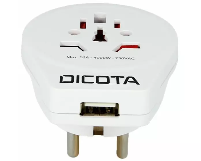 DICOTA World Adapter PRO & USB, white, hardplastic, 73 x 76 x 57 mm
