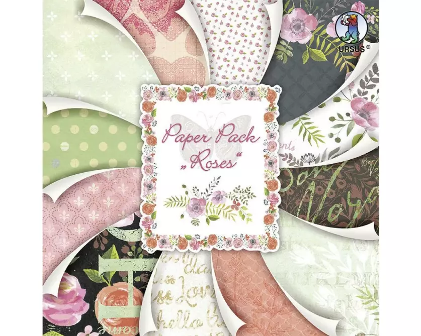 URSUS Designpapier 190 g/m² 24 Blatt, Mehrfarbig/Rosa/Grün, Roses