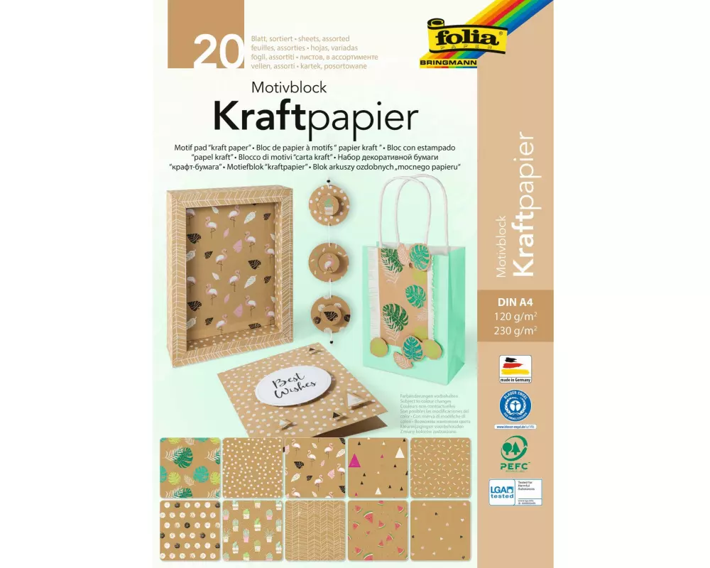 Folia Kraftkarton Kraftpapier Motivblock A4, 20 Blatt Braun