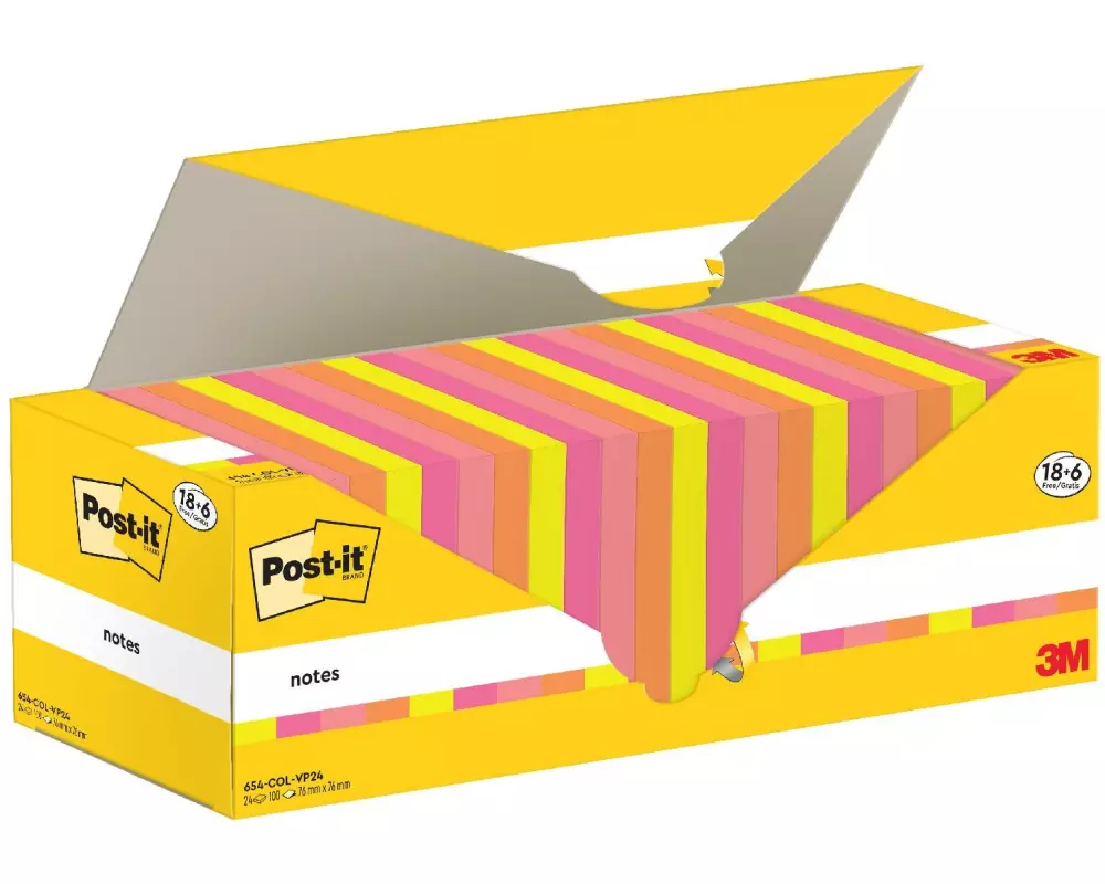 Post-it Notizzettel 3M, 76 x 76 mm, 18+6 Blöcke, mehrfarbig