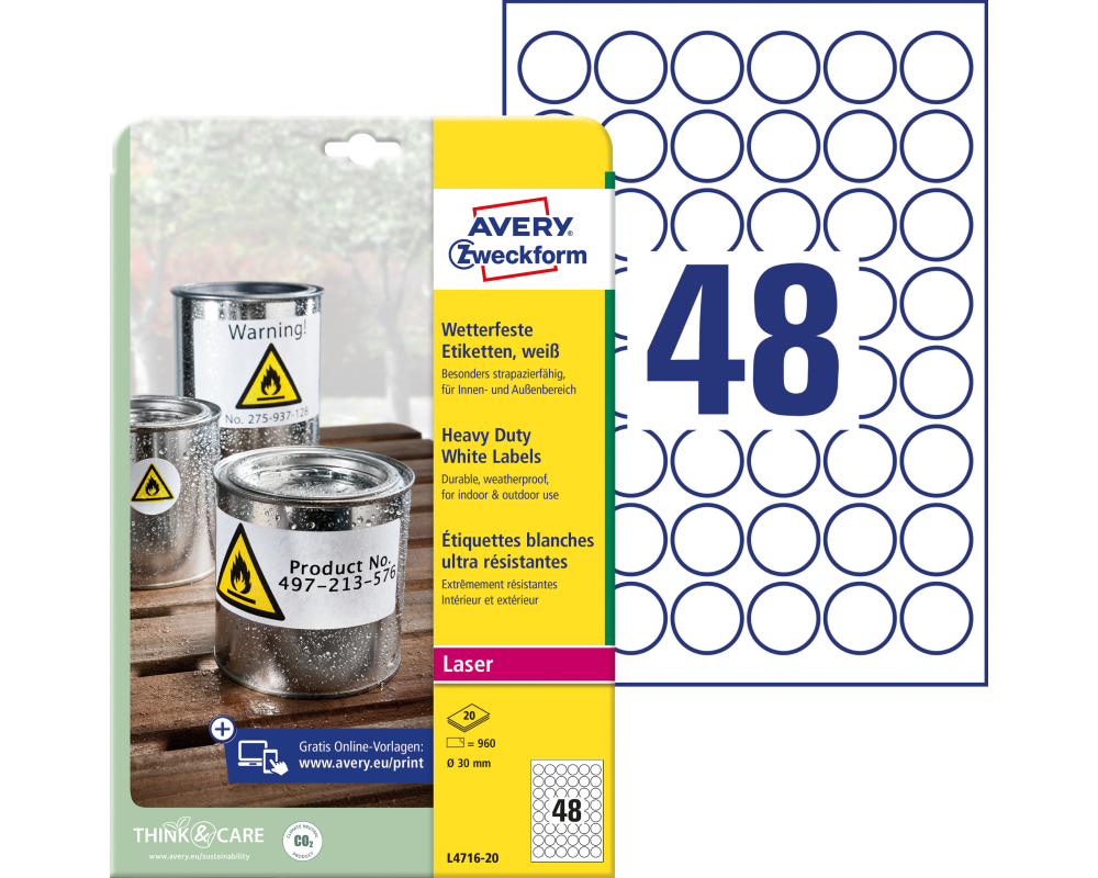 AVERY ZWECKFORM Folienetiketten 30mm L4716-20 weiss, perm. 960 St./20 Bl.