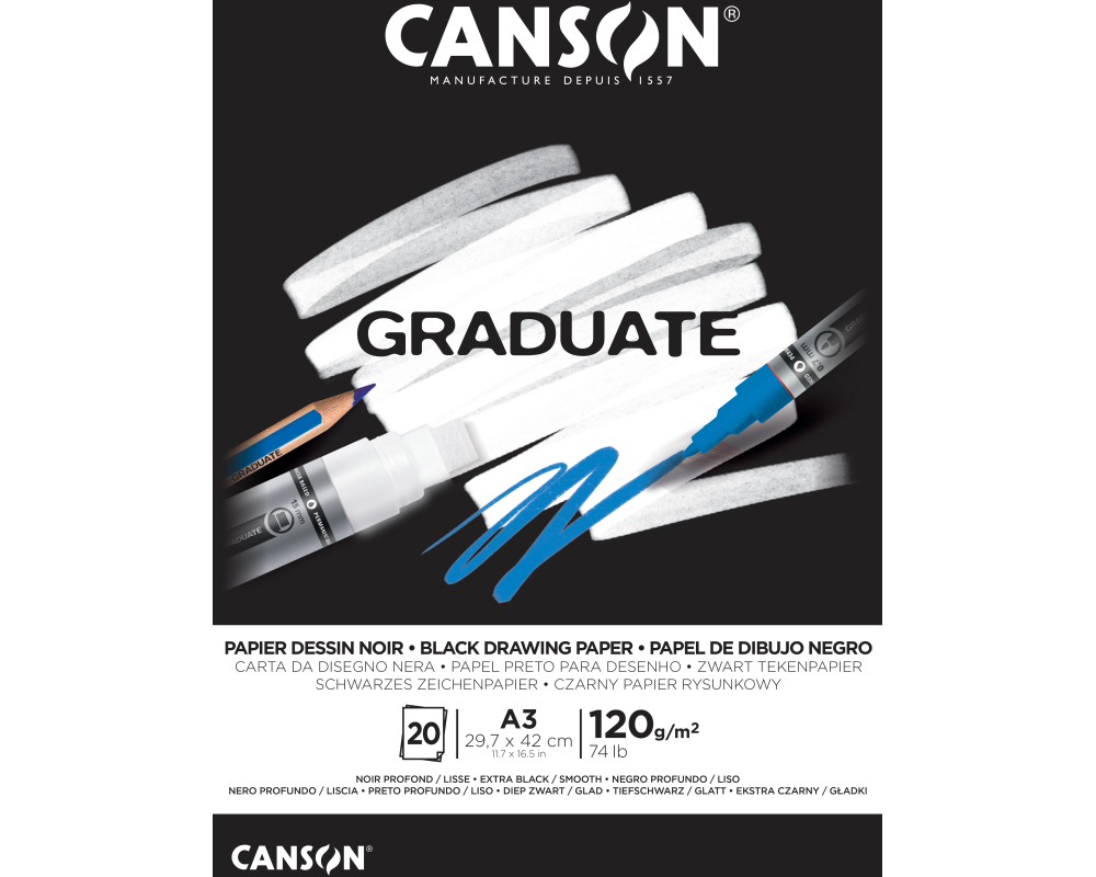 CANSON Graduate Zeichenpapier A3 400110387 20 Blatt, schwarz, 120g