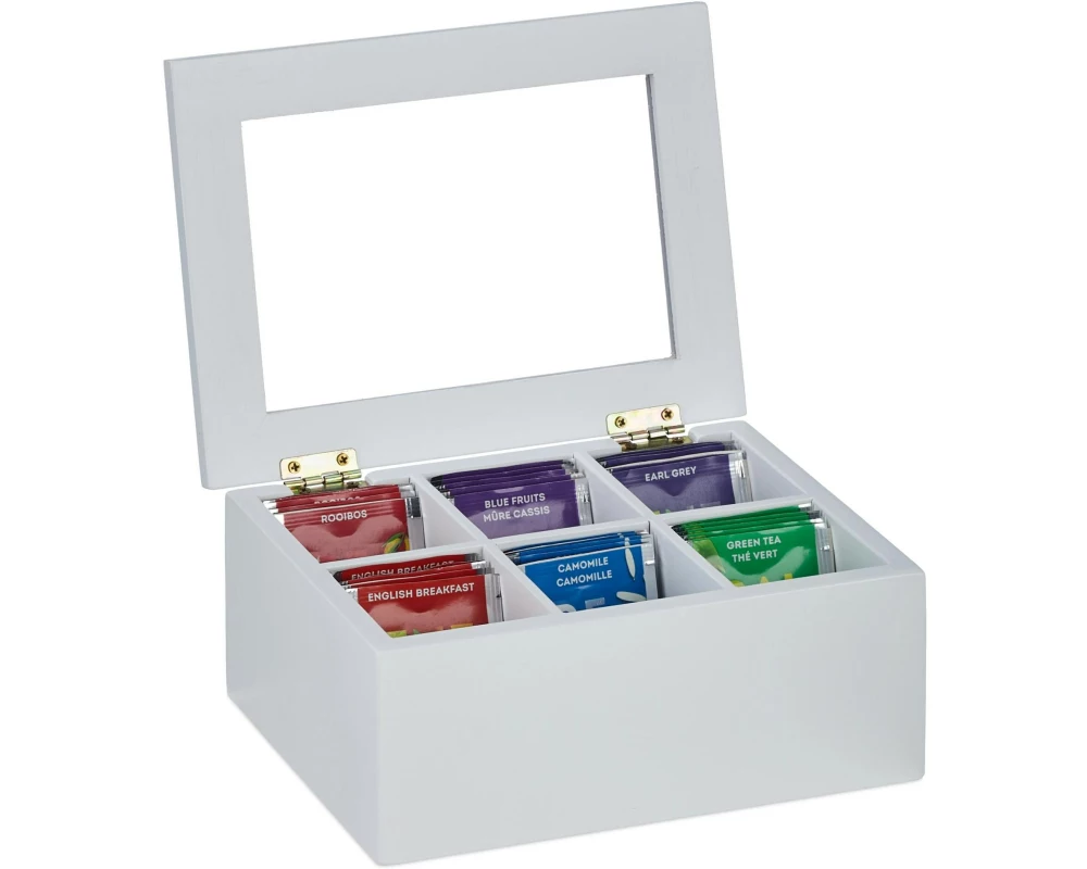 relaxdays Teebeutel-Box 6 Fächer, Transparent/Weiss