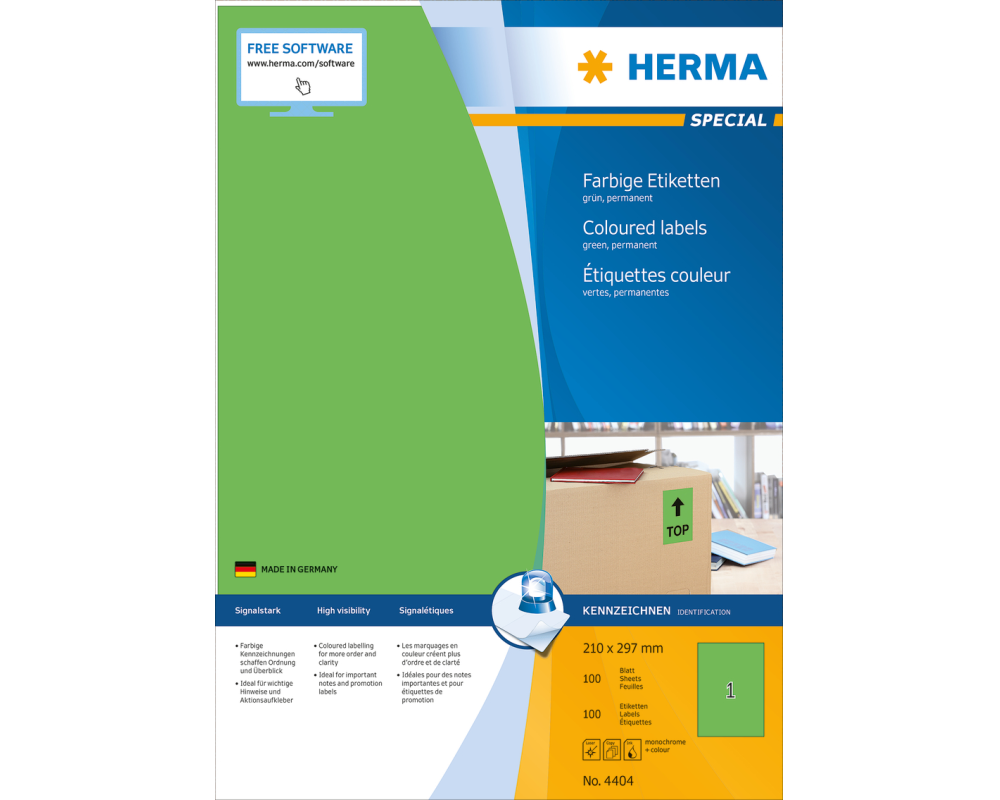 HERMA Etiketten SPECIAL 210x297mm 4404 grün,perm. 100 St./100 Bl.