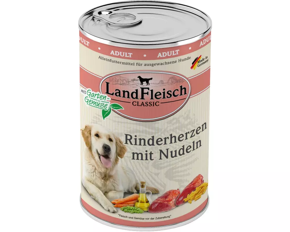 LandFleisch Nassfutter Classic Rinderherzen mit Nudeln, 400 g