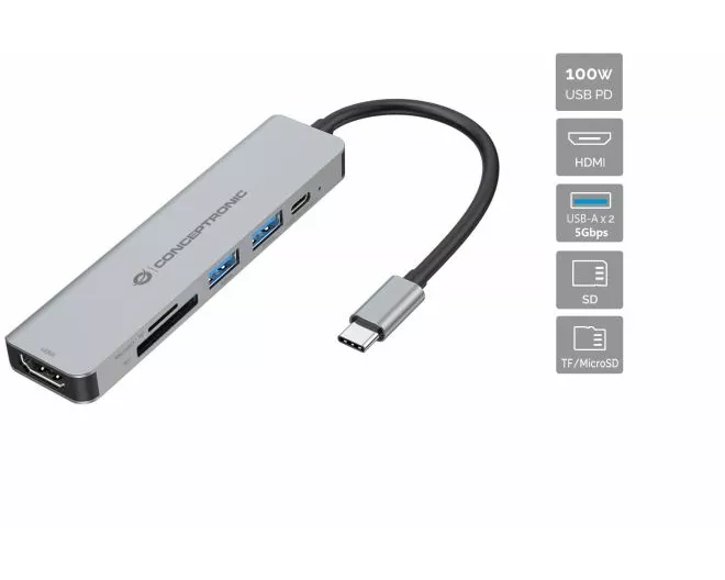 "DONN02G 6-in-1 USB 3.2 Gen 1 Docking Station, HDMI, USB-A 5Gbps x 2, SD, TF/MicroSD, 100W USB PD"