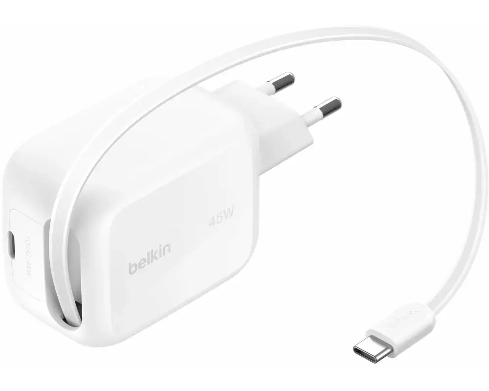 Belkin BoostCharge Pro 45W USB-C mit 1m einziehbarem Kabel weiss