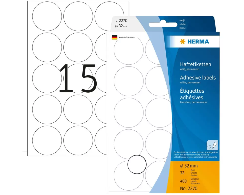 HERMA Vielzweck-Etiketten 2270 Weiss Ø 32 mm, 32 Blatt