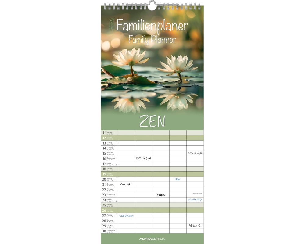 ALPHA EDITION Familienplaner Zen 2026 160199 1M/1S ML 5 Spalten 19.5x45cm