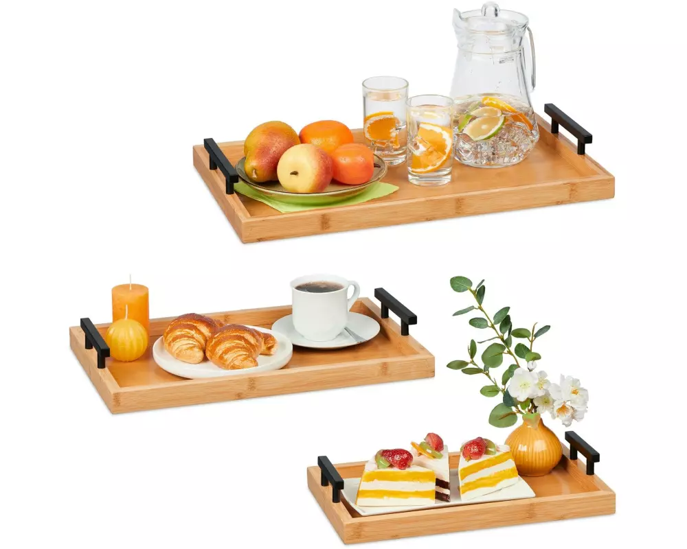 relaxdays Serviertablett 3 Stück, Natur/Schwarz