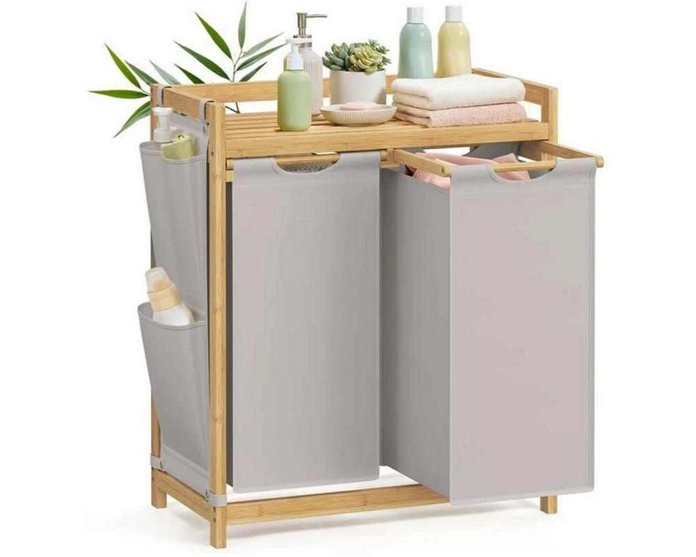 Songmics Wäschekorb mit 2 Fächern 100 l, Grau-Natur