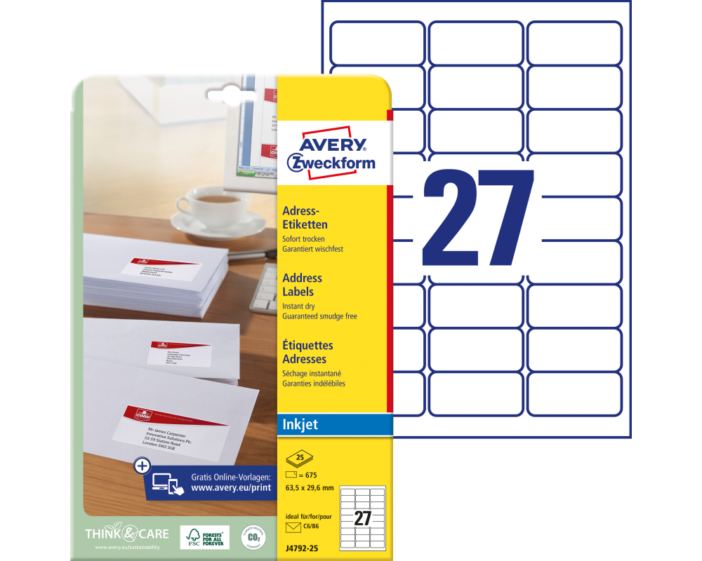 AVERY ZWECKFORM Adressetiketten 63,5x29,6mm J4792-25 InkJet, weiss 675 Stk./25 Bl.