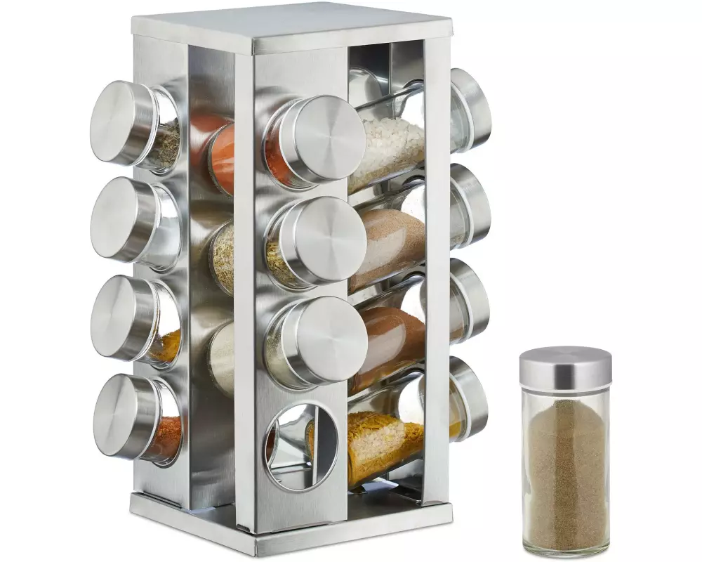relaxdays Gewürzkarussell 16er Set Silber/Transparent