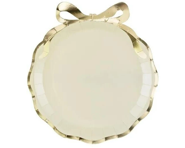 Partydeco Teller mit Schleife Pappe, Beige, Gold, 24 x 26.8 cm