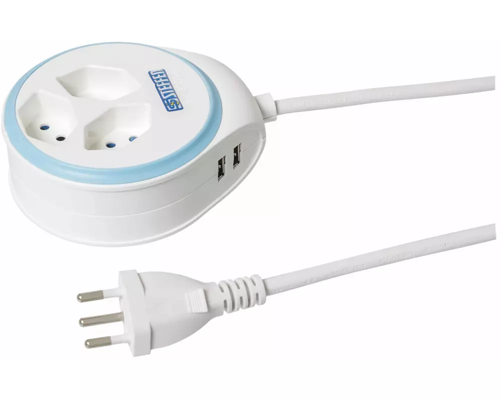 STEFFEN Steckdosenleiste STEBA DISC 3 × T13 USB Weiss / Hellblau