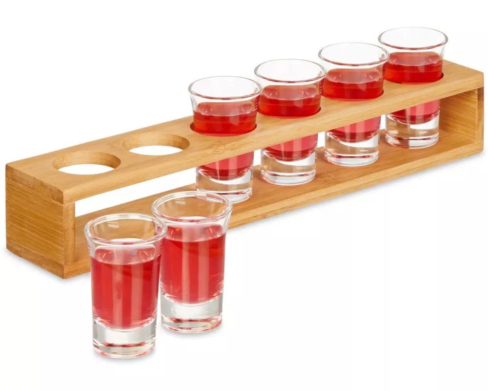 relaxdays Schnapsbrett mit 6 Gläser Natur/Transparent