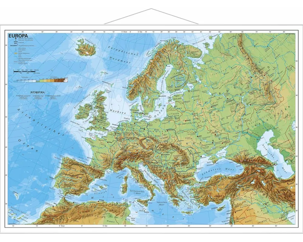 Europa physisch im Miniformat. Wandkarte mit Metallleiste