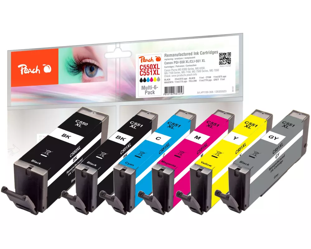 Peach Tinte Canon 550XL/551XL, PEA, Multi-6-Pack BK, C, M, Y, G
