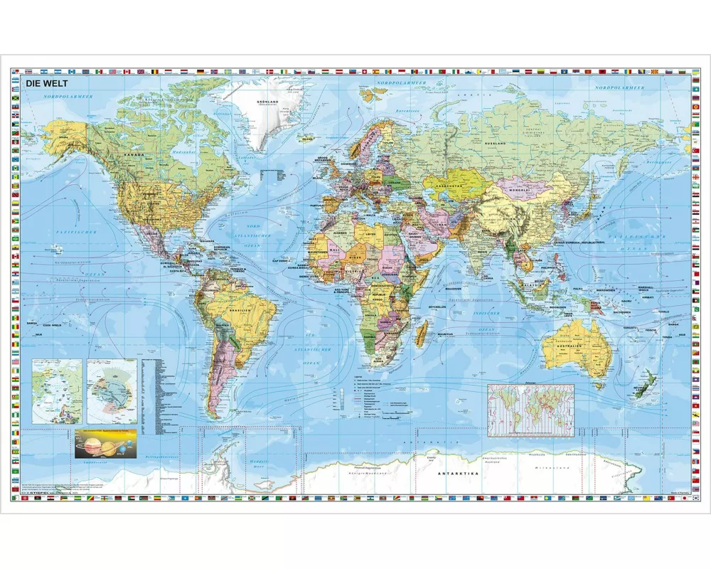 Weltkarte deutschsprachig. Wandkarte mit Flaggenrand