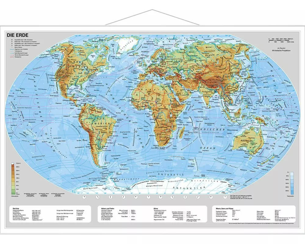 Erde physisch im Miniformat. Wandkarte mit Metallleiste