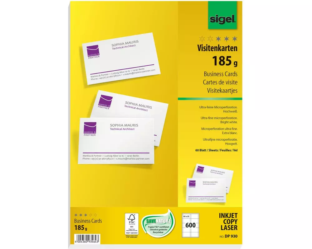 Sigel Visitenkarten-Etiketten 8.5 x 5.5 cm, 60 Blatt, 185 g, Weiss