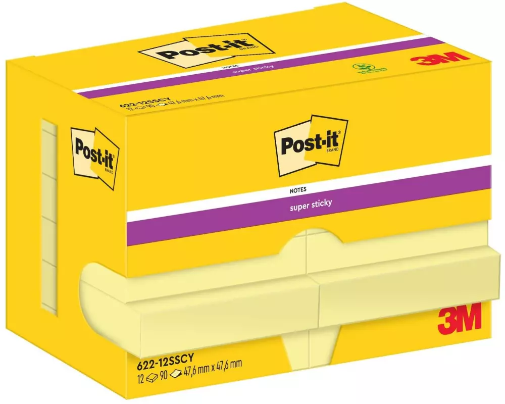 Post-it Notizzettel Super Sticky 47 x 47 mm, Gelb, 12 Blöcke