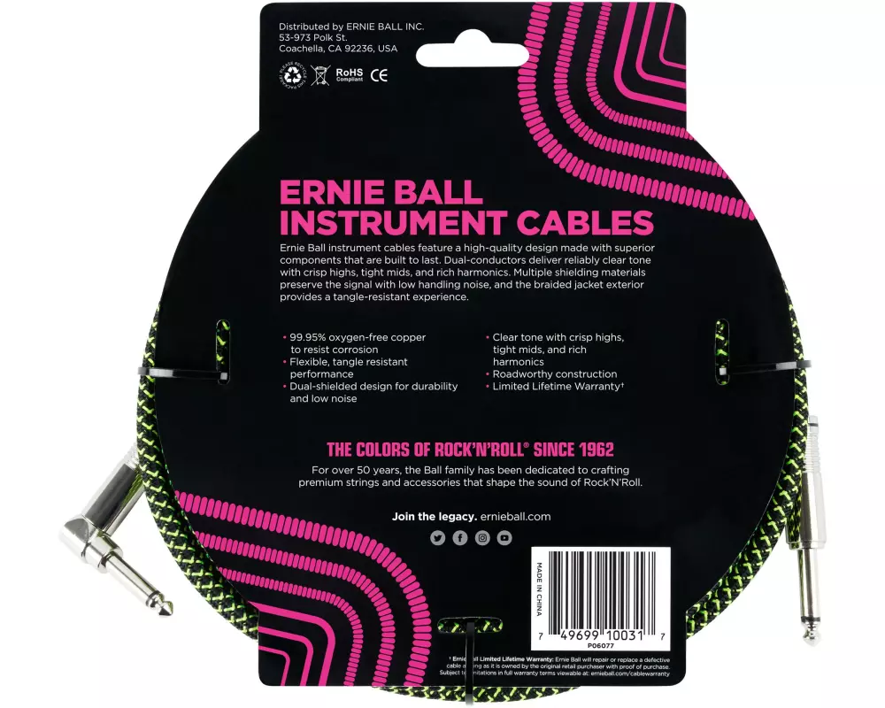 Ernie Ball Instrumentenkabel 6077 – 3.05 m, Grün/Schwarz
