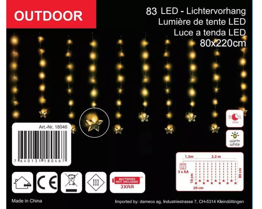 Dameco LED-Lichtervorhang mit 11 Strängen, 83 LEDs, 80 x 220 cm
