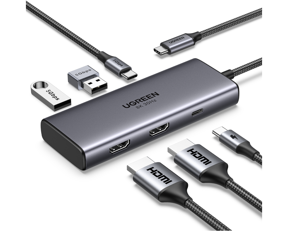 UGREEN Hub 6-in-1, 2x USB-A 3.0 15852 USB-C 3.0,2xHDMI, PD