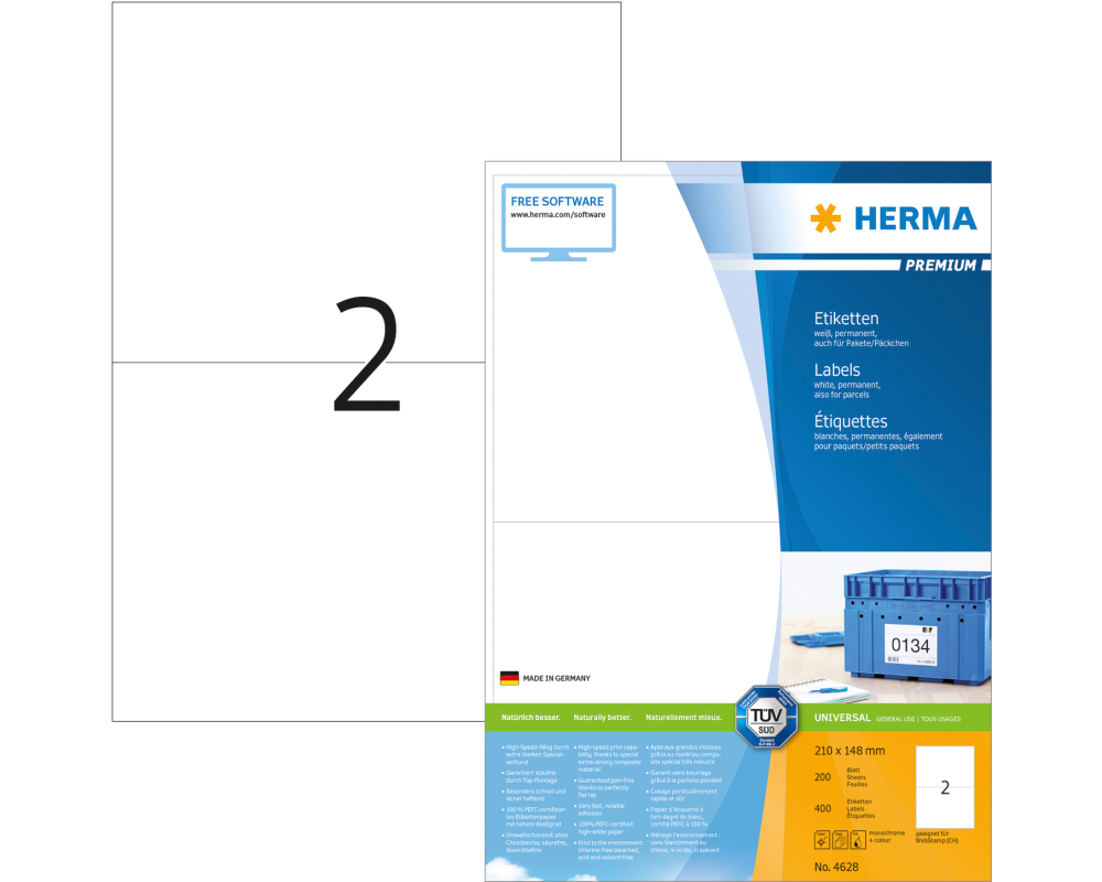 HERMA Universal-Etiketten 210x148mm 4628 weiss 400 St./200 Blatt