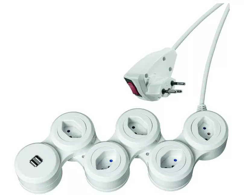 STEFFEN Steckdosenleiste SNAKE 5x T13 + 2x USB-A mit Schalter