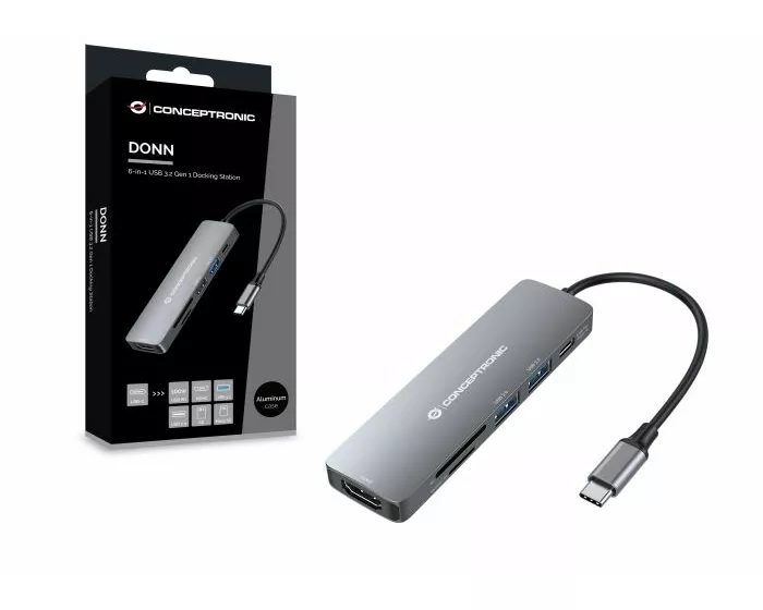 "DONN11G 6-in-1 USB 3.2 Gen 1 Docking Station, HDTV, 100W USB PD, USB 3.0, USB 2.0, SD, TF/MicroSD"