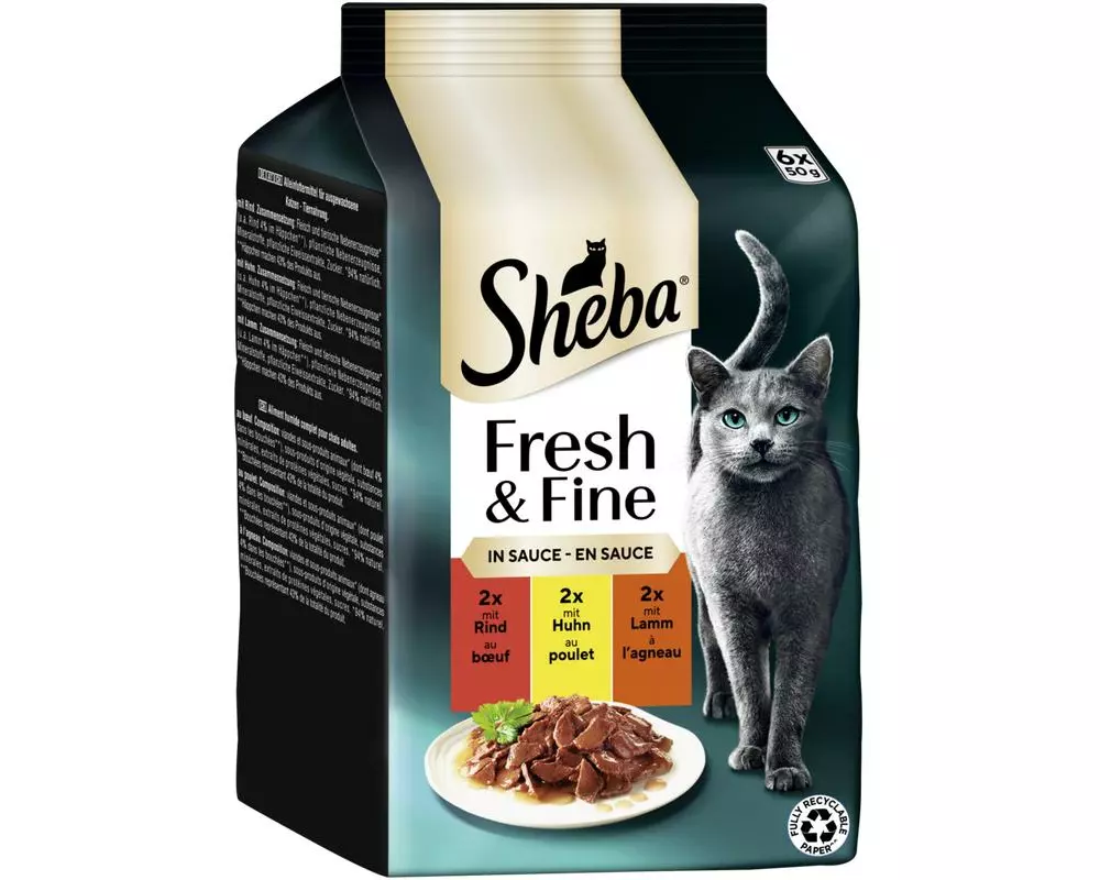 Sheba Nassfutter Sauce mit Rind, Huhn und Lamm, 6 x 50g