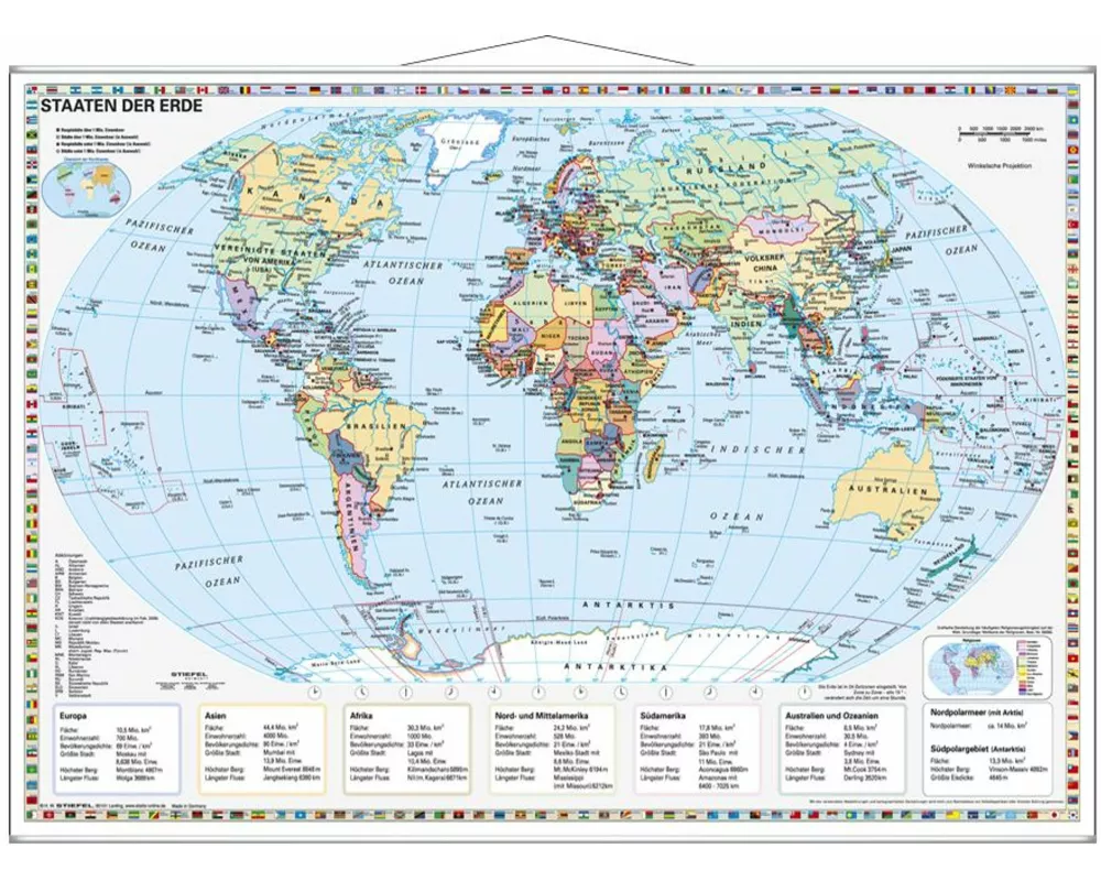 Staaten der Erde im Miniformat. Wandkarte mit Metallleiste 1:60000000