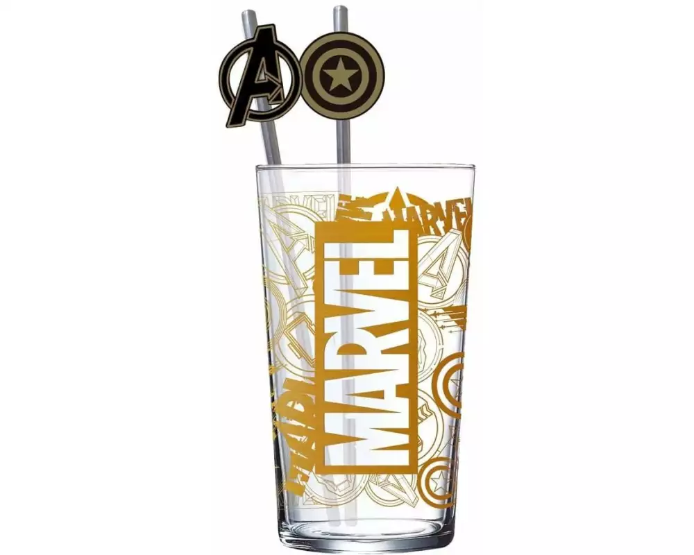 Stor Marvel Glass Tumbler with Straws Logo & Avengers 485 ml