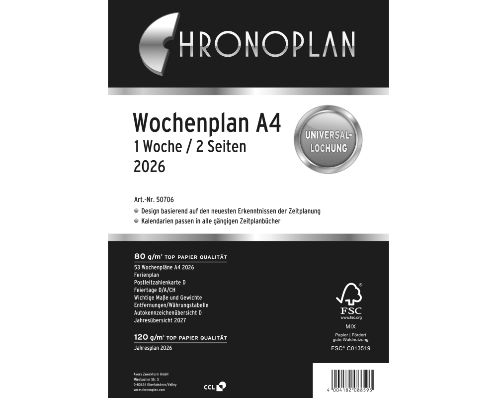 CHRONOPLAN Ersatz Wochenplan 2026 50706Z.26 1W/2S in Spalten A4