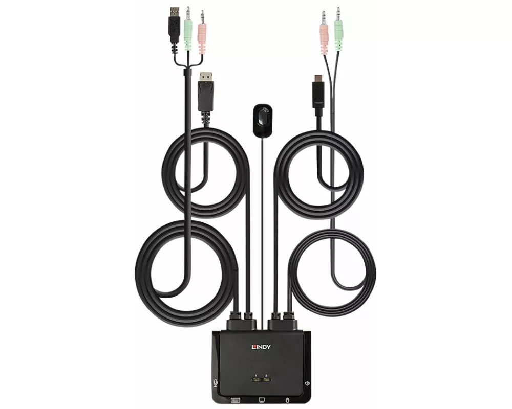 LINDY 2 Port DisplayPort 1.2, USB C, USB 2.0 & audio cable KVM switch
