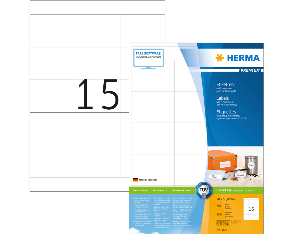 HERMA Etiketten Premium 70×50,8mm 4618 weiss 3000 Stück