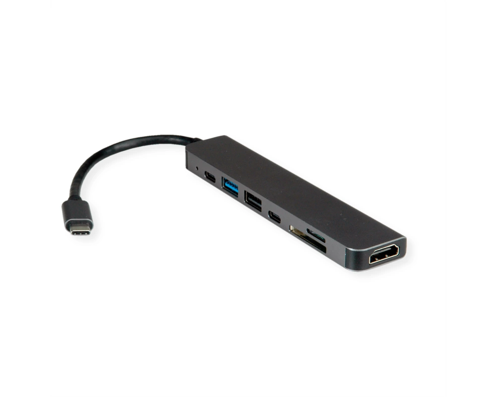 VALUE USB Typ C Dockingstation, HDMI 4K60, 2x USB2.0 (A+C) + 1x USB3.2 Gen1 (A), 1x PD, 1x SD/TF