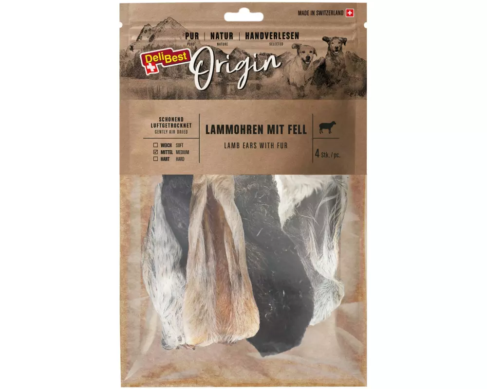 DeliBest Kausnack Origin Lammohren mit Fell 4 Stk, Schweizer Fleisch