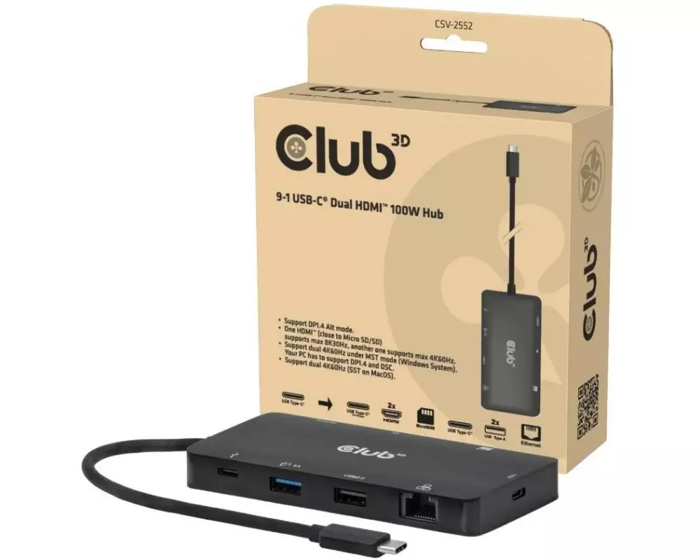 Club 3D Dockingstation CSV-2552 9-1 USB-C Dual HDMI 100W Hub