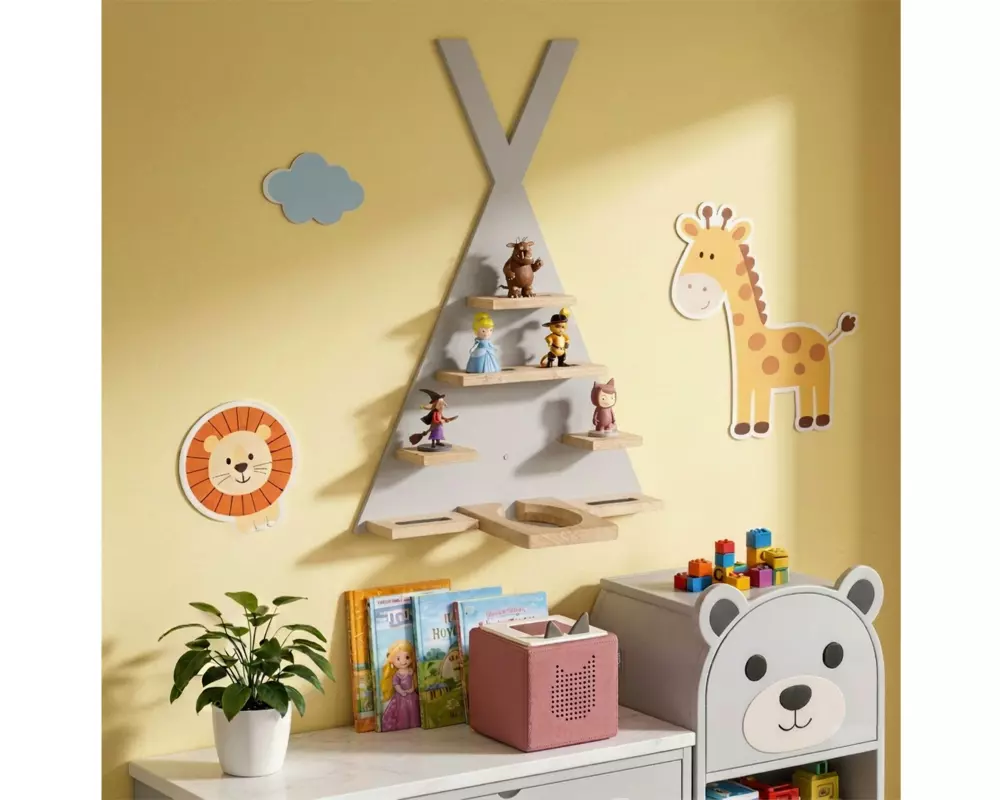 relaxdays Hörfigurenregal Zelt, MDF / Holz, Grau / Hellbraun
