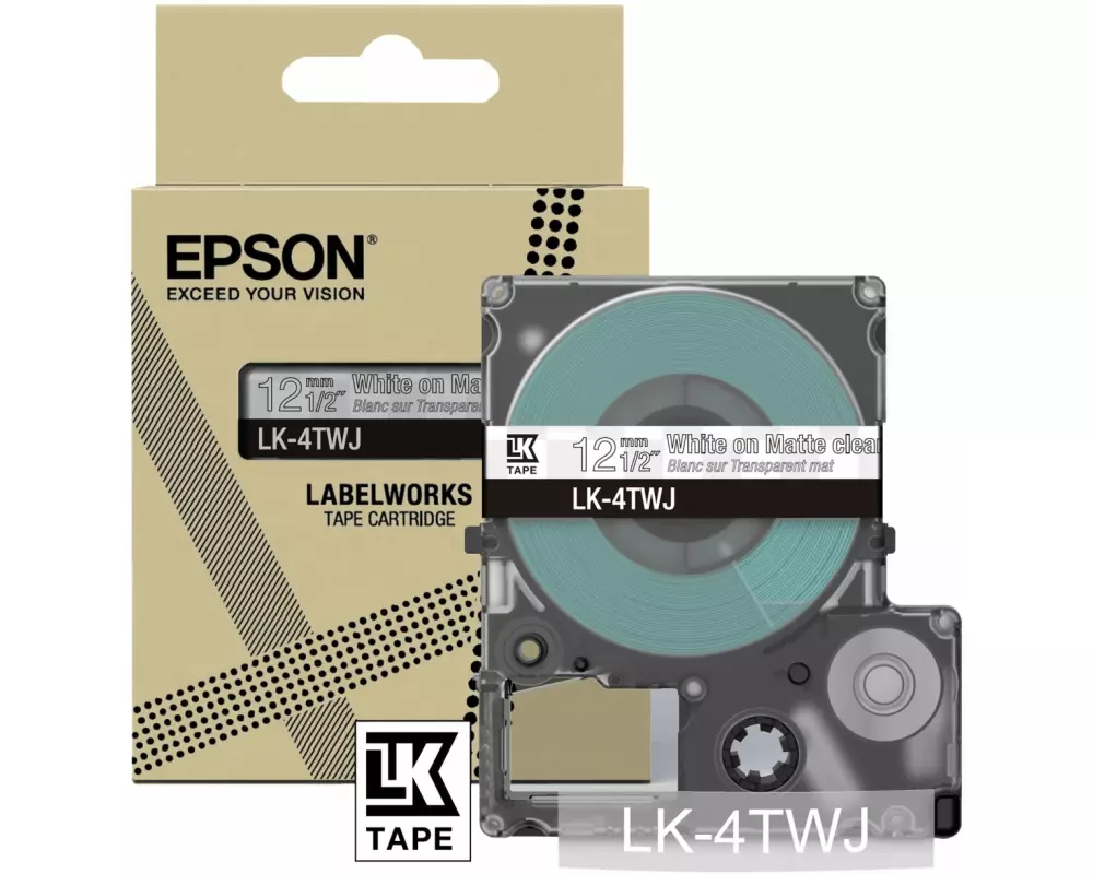 Epson Matte Tape Clear/White, 12mm, 8m, LK-4TWJ