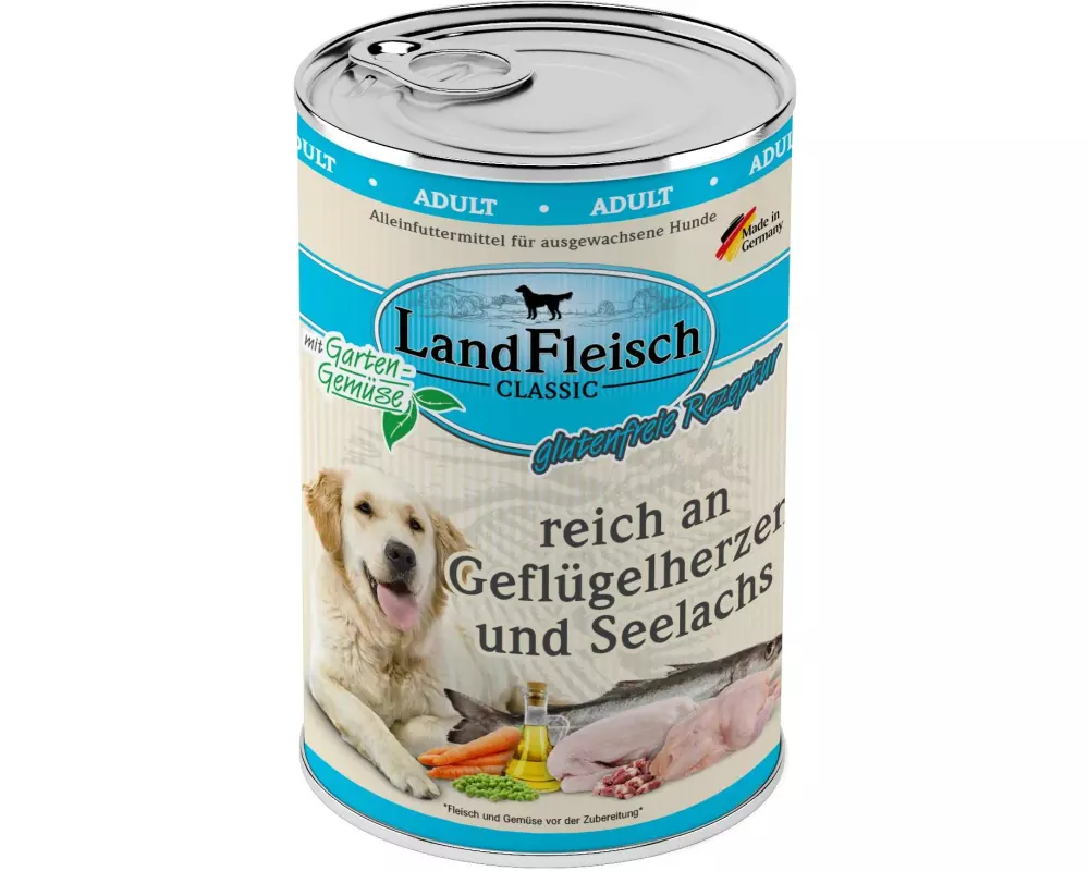 LandFleisch Nassfutter Classic Geflügelherzen und Seelachs, 400 g