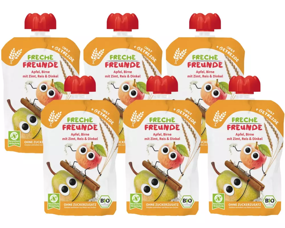 Freche Freunde Quetschbeutel Apfel, Birne, Zimt, Reis, Dinkel 6x 100 g