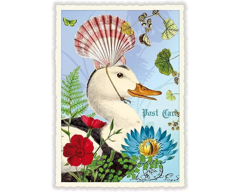 Postkarte / Ente mit Muschelhut / blanko