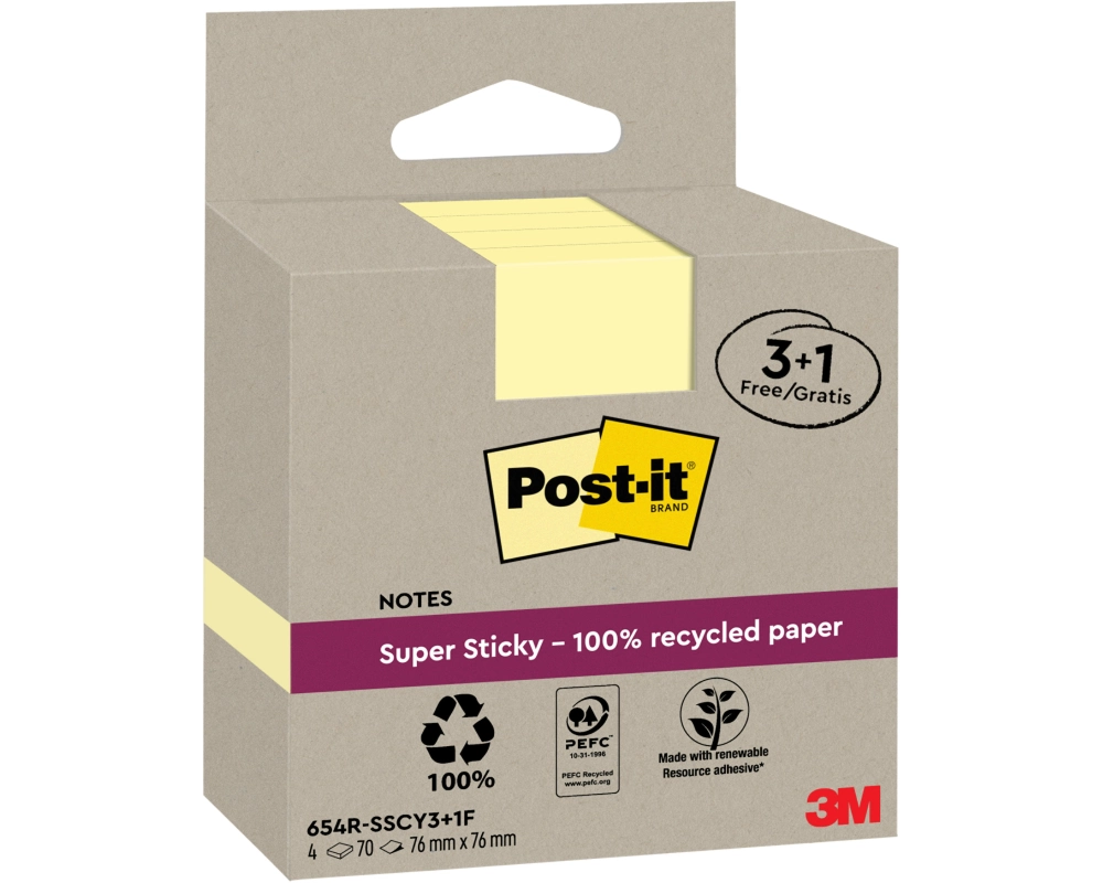 POST-IT SuperSticky Notes 76x76mm 654 RSSCY 3+1F Recycling,gelb 4x70 Blatt