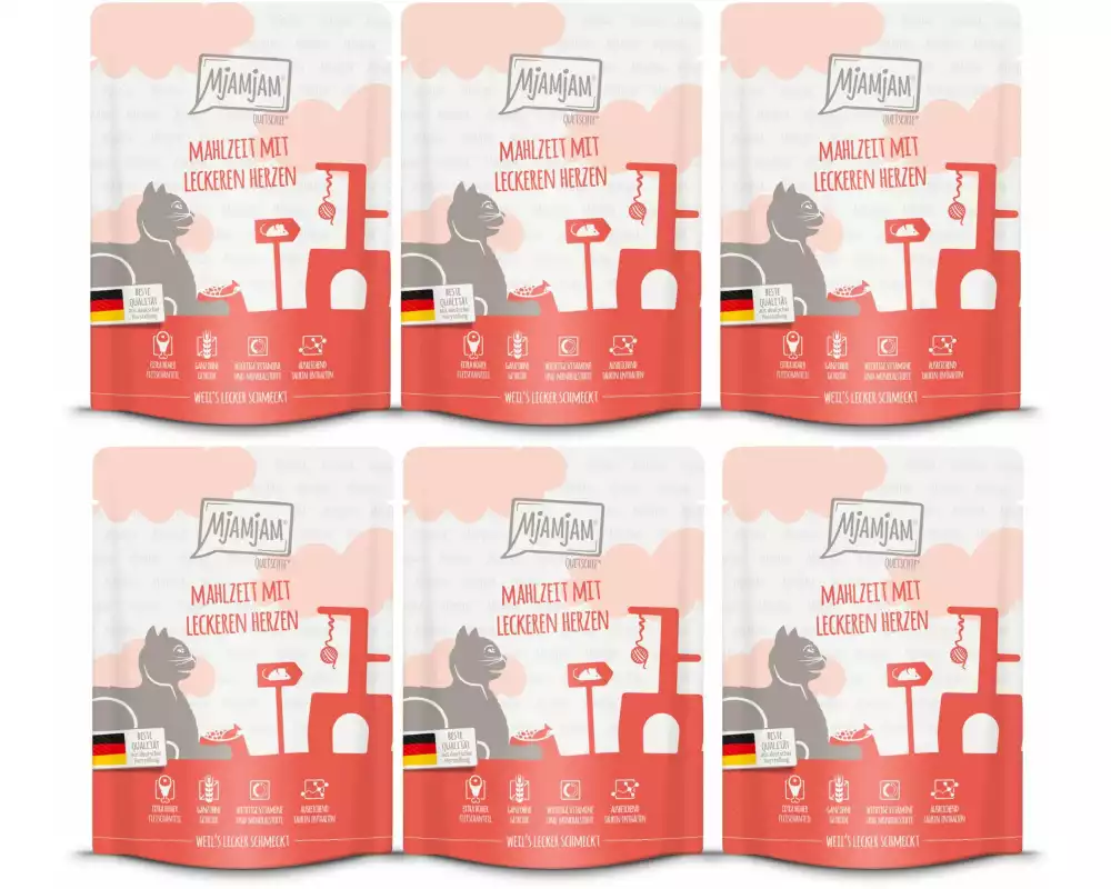 Mjamjam Nassfutter Quetschie Mahlzeit mit Herzen, 6 x 300 g
