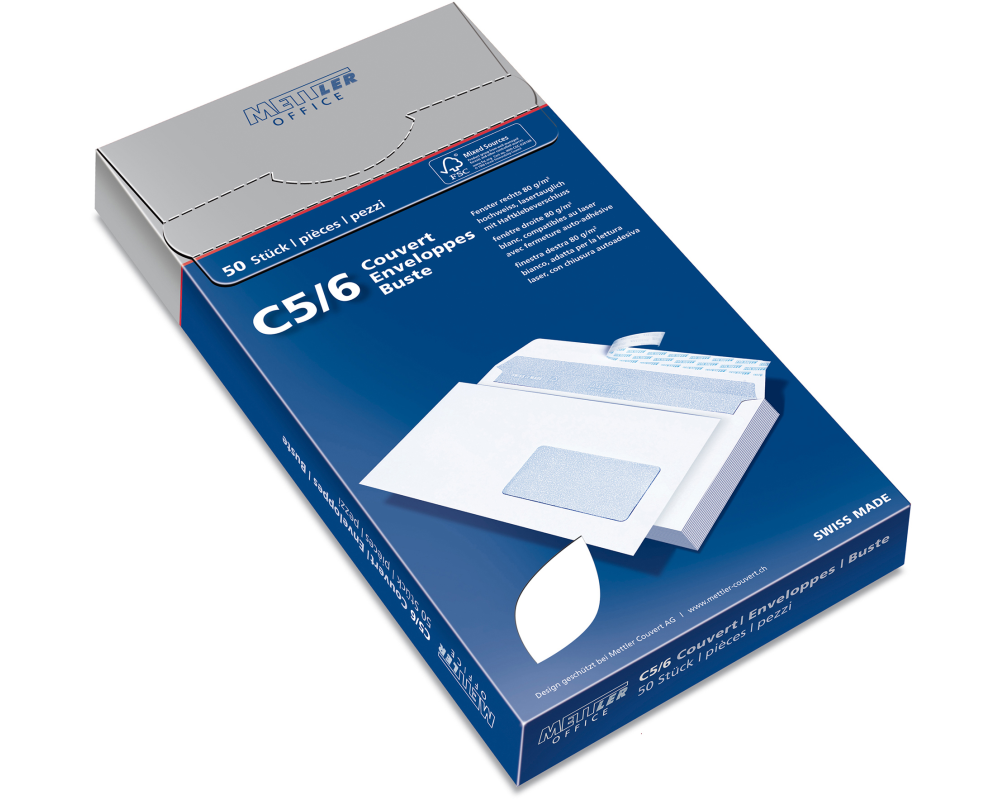 METTLER Couvert Fenster rechts C5/6 7064-80-S50 80g,hochweiss,Kleber 50 Stk.